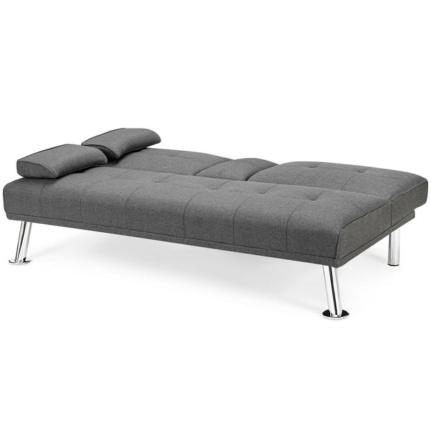 Convertible Folding Futon Sofa Bed Fabric with 2 Cup Holders-Light Gray