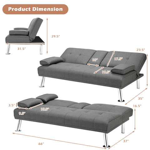 Convertible Folding Futon Sofa Bed Fabric with 2 Cup Holders-Light Gray