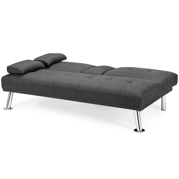 Convertible Folding Futon Sofa Bed Fabric with 2 Cup Holders-Dark Gray