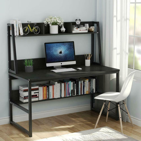 Storage Writing Desk Computer Desk with Hutch & Bookshelf-Gray