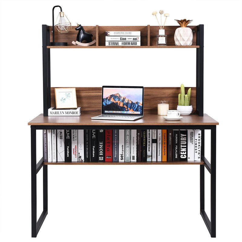 Storage Writing Desk Computer Desk with Hutch & Bookshelf-Walnut