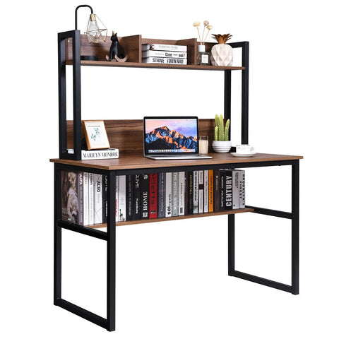 Storage Writing Desk Computer Desk with Hutch & Bookshelf-Walnut