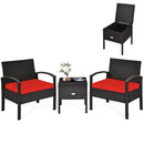 3 Piece PE Rattan Wicker Sofa Set with Washable and Removable Cushion for Patio-Red