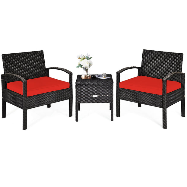 3 Piece PE Rattan Wicker Sofa Set with Washable and Removable Cushion for Patio-Red