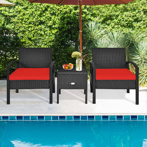 3 Piece PE Rattan Wicker Sofa Set with Washable and Removable Cushion for Patio-Red