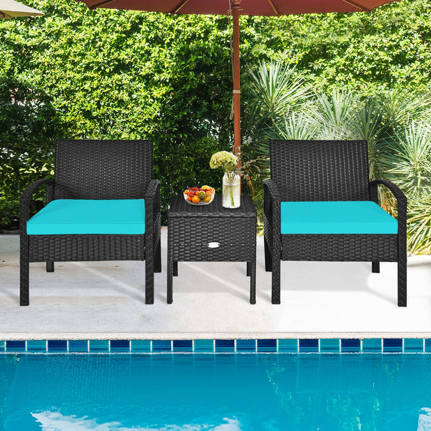 3 Piece PE Rattan Wicker Sofa Set with Washable and Removable Cushion for Patio-Turquoise