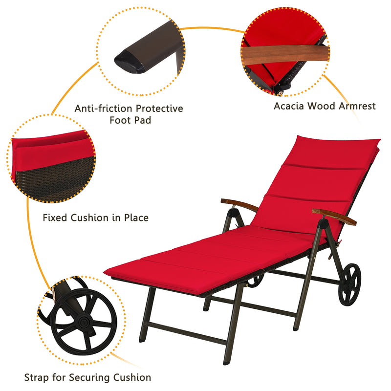 Outdoor Chaise Lounge Chair Rattan Lounger Recliner Chair-Red