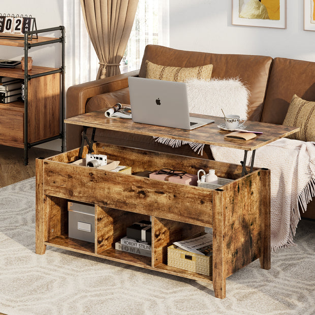 Lift Top Coffee Table with Storage Lower Shelf-Tan