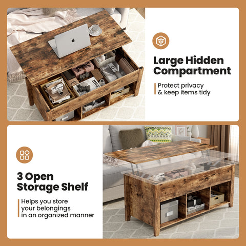 Lift Top Coffee Table with Storage Lower Shelf-Tan