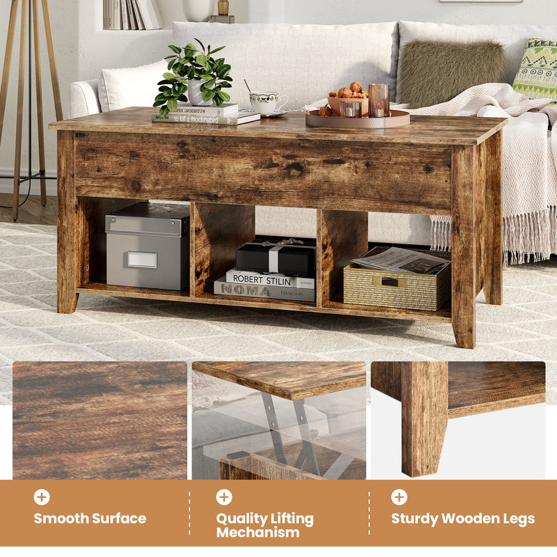 Lift Top Coffee Table with Storage Lower Shelf-Tan