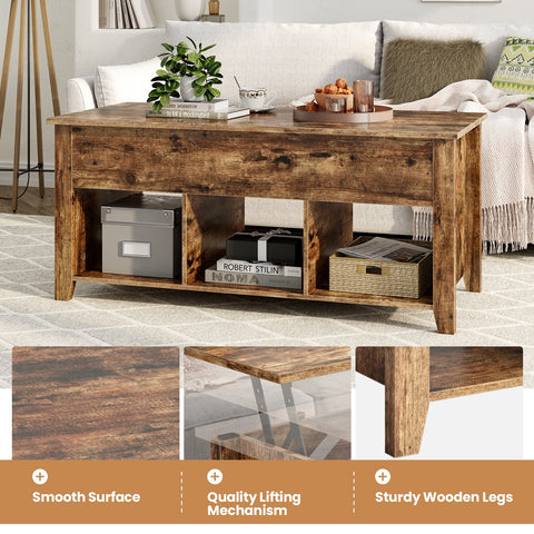 Lift Top Coffee Table with Storage Lower Shelf-Tan