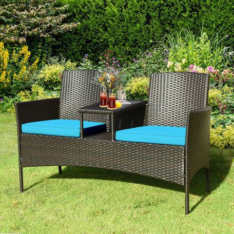 Modern Patio Conversation Set with Built-in Coffee Table and Cushions -Turquoise