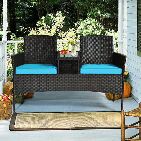 Modern Patio Conversation Set with Built-in Coffee Table and Cushions -Turquoise