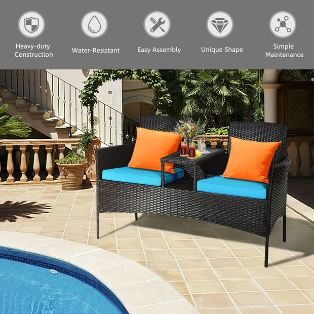 Modern Patio Conversation Set with Built-in Coffee Table and Cushions -Turquoise