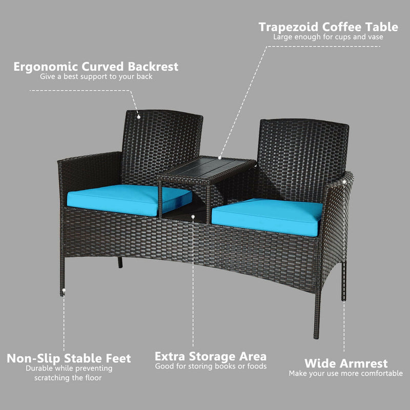 Modern Patio Conversation Set with Built-in Coffee Table and Cushions -Turquoise
