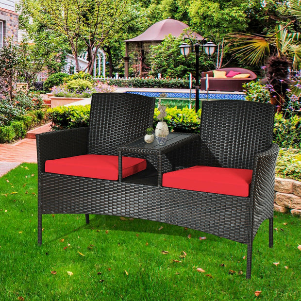 Modern Patio Conversation Set with Built-in Coffee Table and Cushions -Red