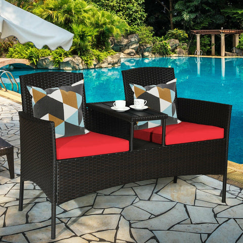 Modern Patio Conversation Set with Built-in Coffee Table and Cushions -Red