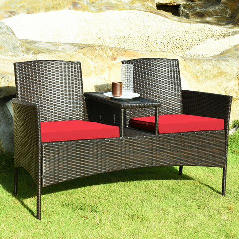 Modern Patio Conversation Set with Built-in Coffee Table and Cushions -Red