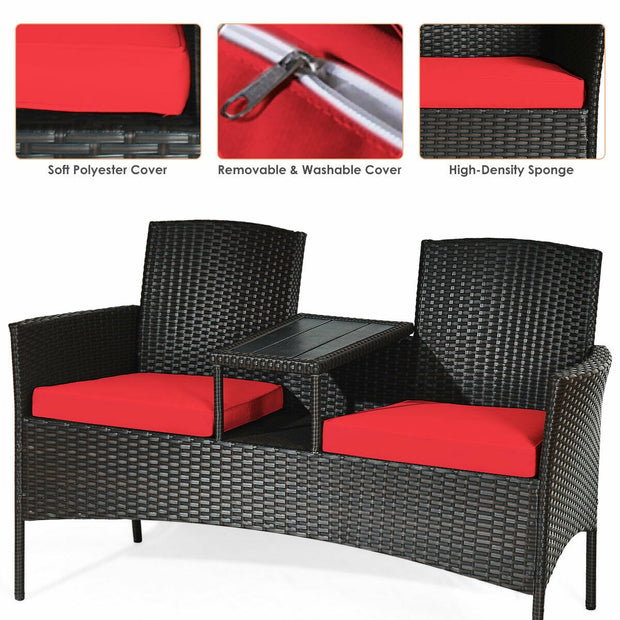 Modern Patio Conversation Set with Built-in Coffee Table and Cushions -Red