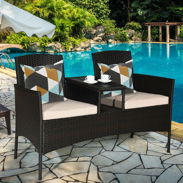 Modern Patio Conversation Set with Built-in Coffee Table and Cushions-Beige