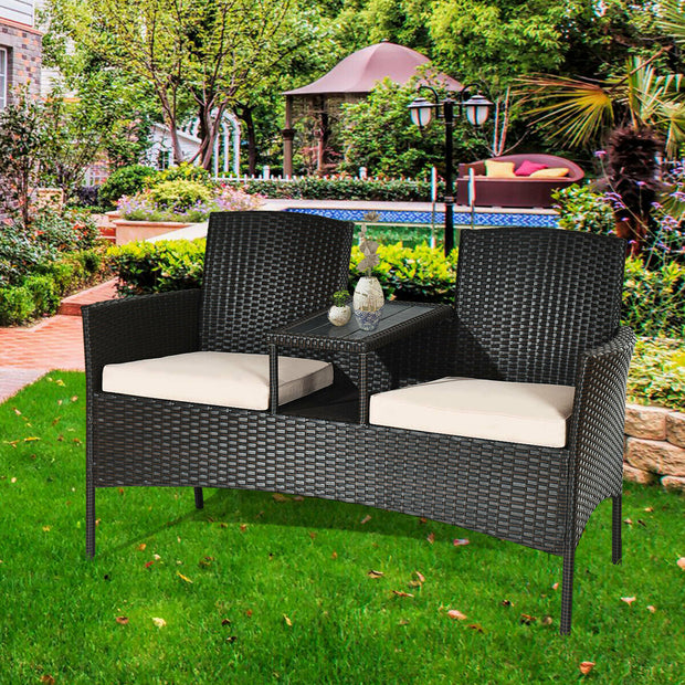 Modern Patio Conversation Set with Built-in Coffee Table and Cushions-Beige