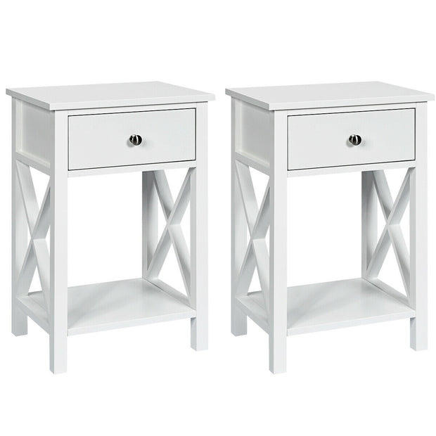 2pcs Bedroom Side End Nightstand with Drawer-White