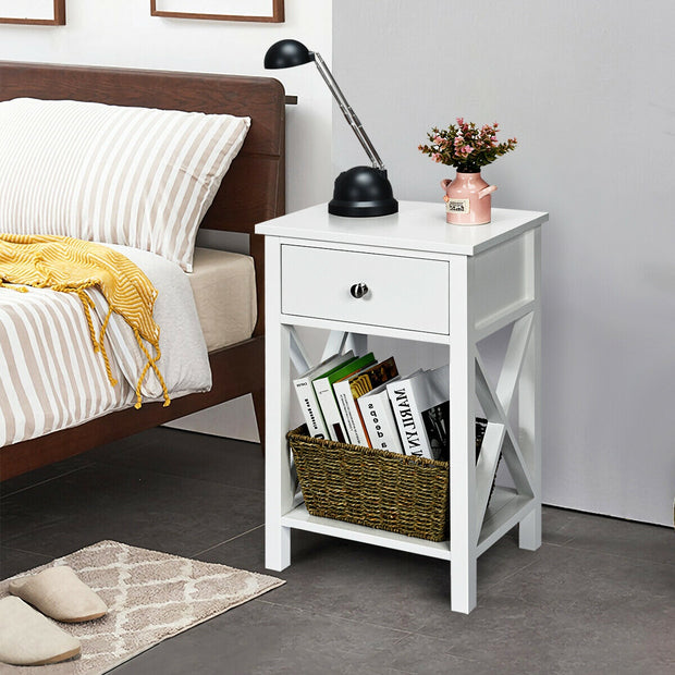 2pcs Bedroom Side End Nightstand with Drawer-White