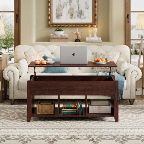 Lift Top Coffee Table with Storage Lower Shelf-Brown