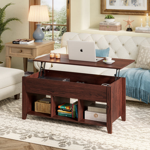 Lift Top Coffee Table with Storage Lower Shelf-Brown