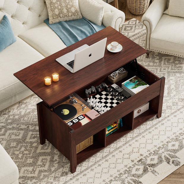 Lift Top Coffee Table with Storage Lower Shelf-Brown