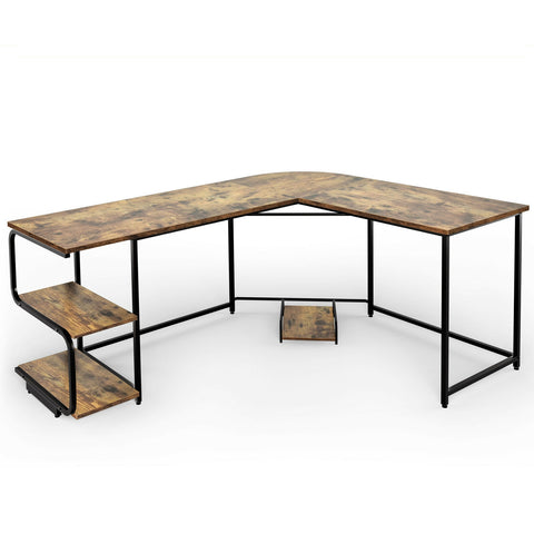 Reversible L-Shaped Computer Study Table with Shelves-Rustic Brown