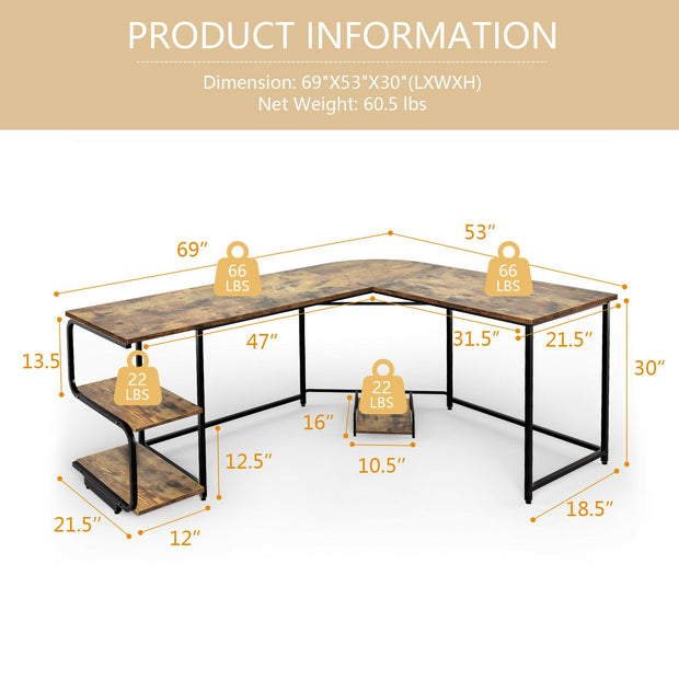 Reversible L-Shaped Computer Study Table with Shelves-Rustic Brown