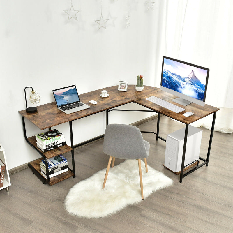 Reversible L-Shaped Computer Study Table with Shelves-Rustic Brown
