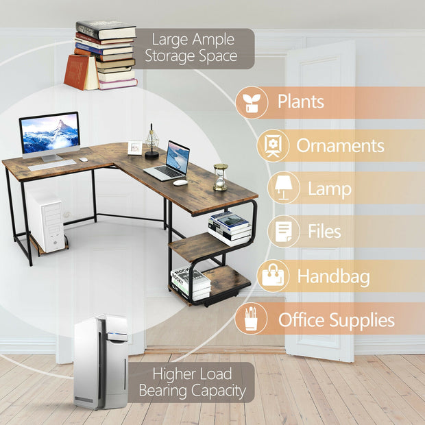 Reversible L-Shaped Computer Study Table with Shelves-Rustic Brown
