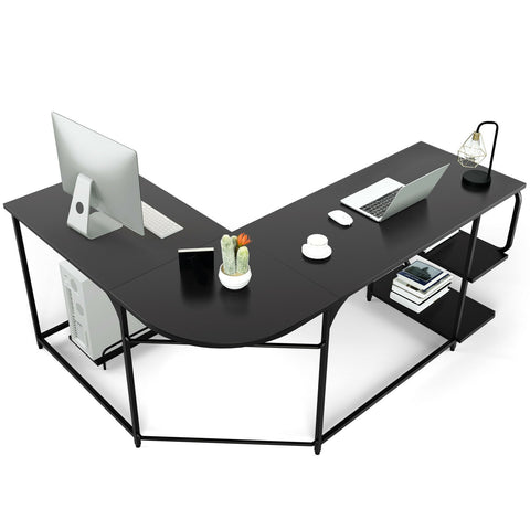 Reversible L-Shaped Computer Study Table with Shelves-Black