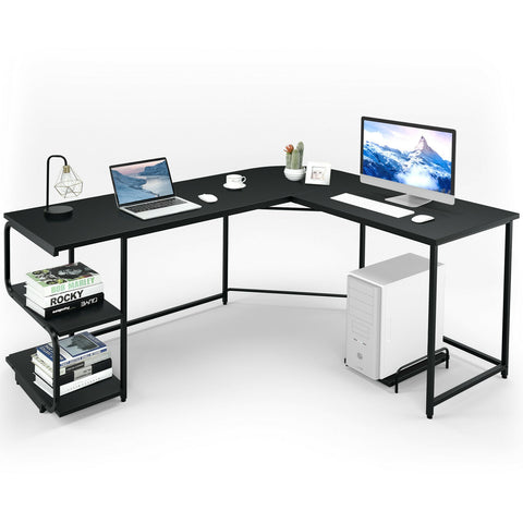 Reversible L-Shaped Computer Study Table with Shelves-Black