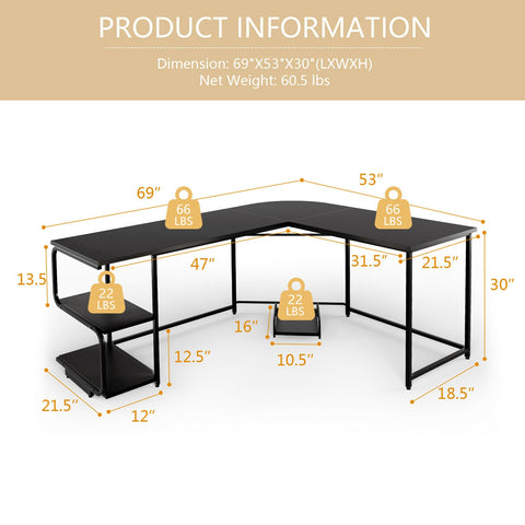 Reversible L-Shaped Computer Study Table with Shelves-Black