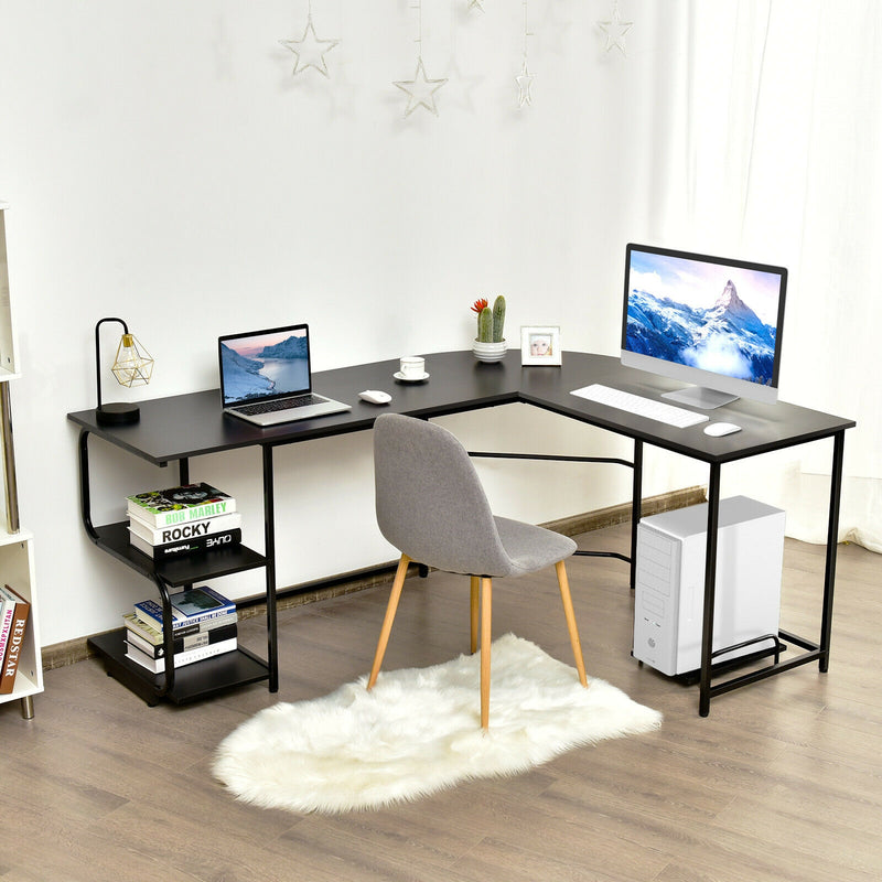 Reversible L-Shaped Computer Study Table with Shelves-Black