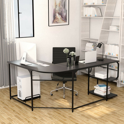 Reversible L-Shaped Computer Study Table with Shelves-Black