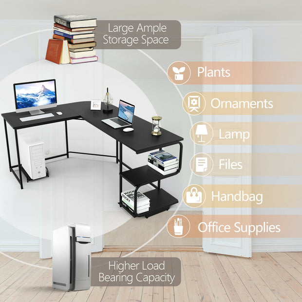 Reversible L-Shaped Computer Study Table with Shelves-Black