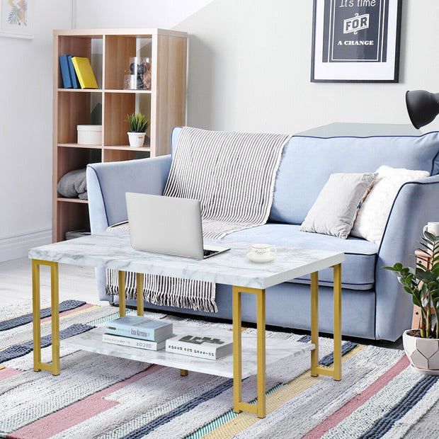 2-Tier Rectangular Modern Coffee Table with Gold Print Metal Frame