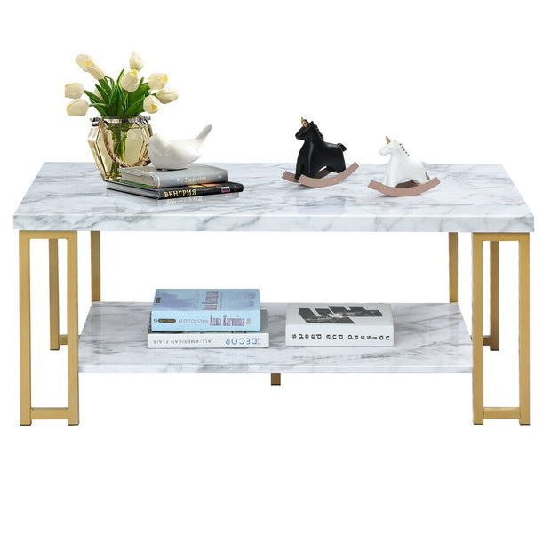 2-Tier Rectangular Modern Coffee Table with Gold Print Metal Frame