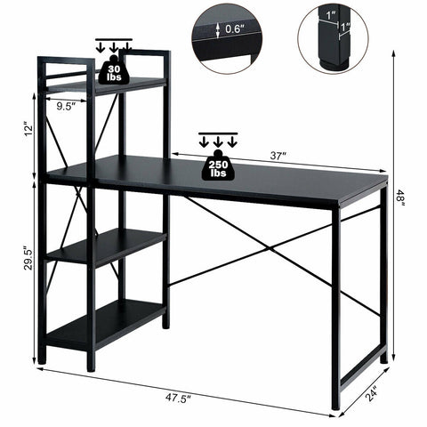 47.5 Inch Writing Study Computer Desk with 4-Tier Shelves-Black