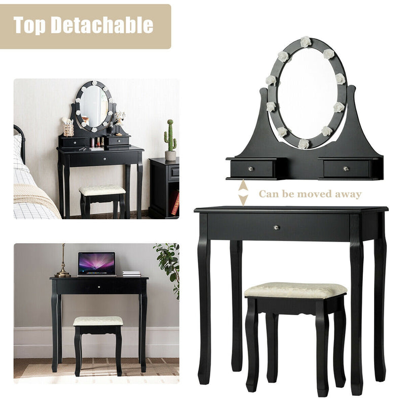 3 Drawers Lighted Mirror Vanity Dressing Table Stool Set-Black