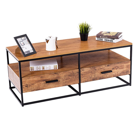 47 Inch 2-Tier Cocktail 2 Drawer Coffee Table Metal Desk