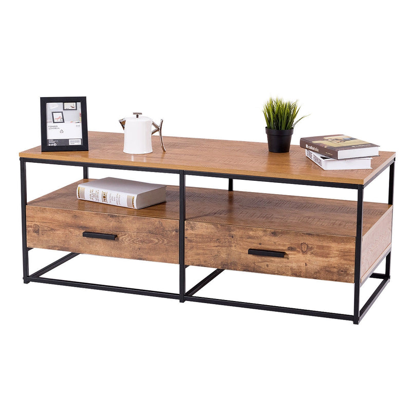 47 Inch 2-Tier Cocktail 2 Drawer Coffee Table Metal Desk