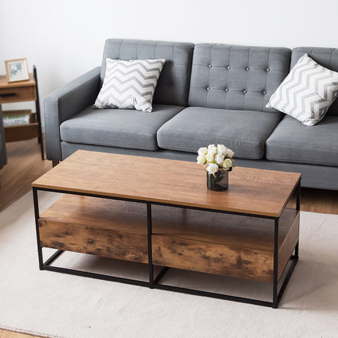 47 Inch 2-Tier Cocktail 2 Drawer Coffee Table Metal Desk