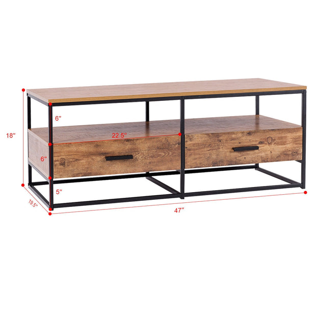 47 Inch 2-Tier Cocktail 2 Drawer Coffee Table Metal Desk