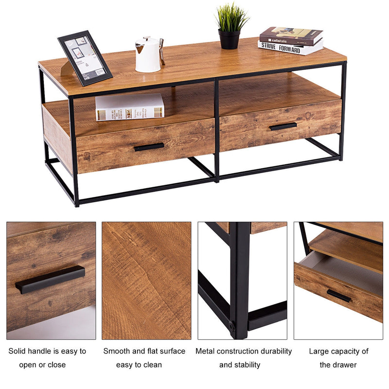 47 Inch 2-Tier Cocktail 2 Drawer Coffee Table Metal Desk