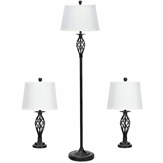 3 Pieces Lamp Set 2 Table Lamps 1 Floor Lamp with Fabric Shades